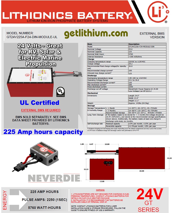 Click here for a larger Lithionics Battery 24 Volt lithium-ion deep cycle battery spec sheet